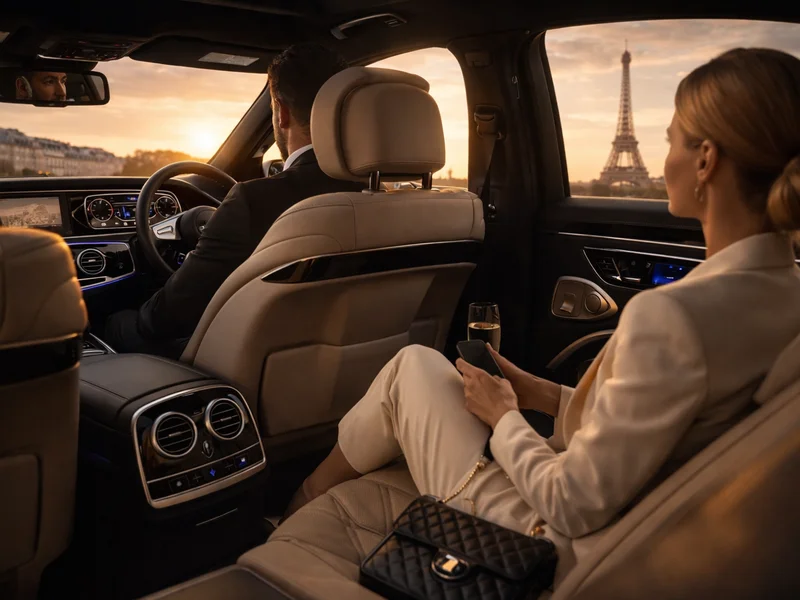 Luxury private chauffeur Paris interior with VIP passenger enjoying premium comfort and Eiffel Tower view