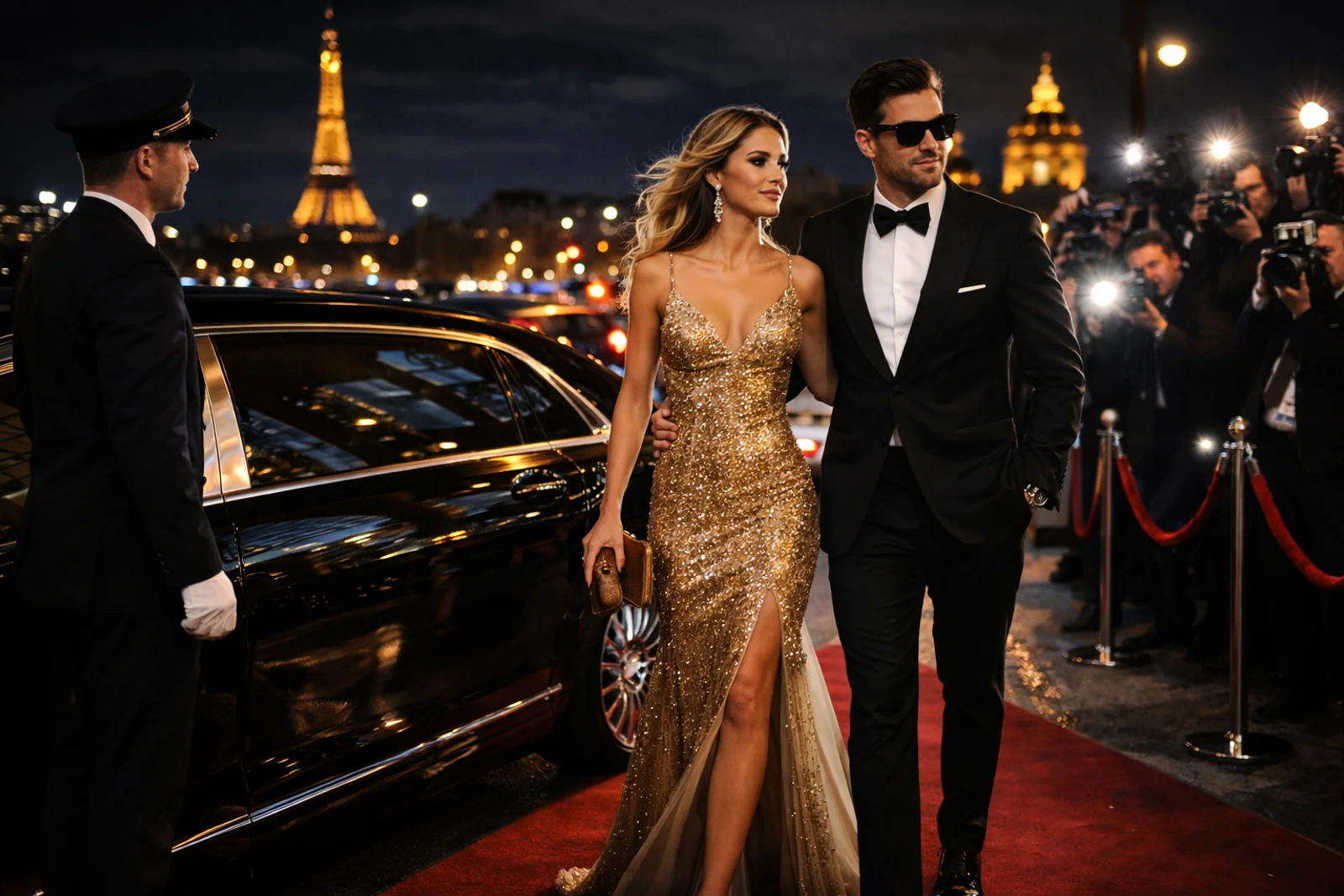 Luxury chauffeur service in Paris with private driver and VIP client near Eiffel Tower