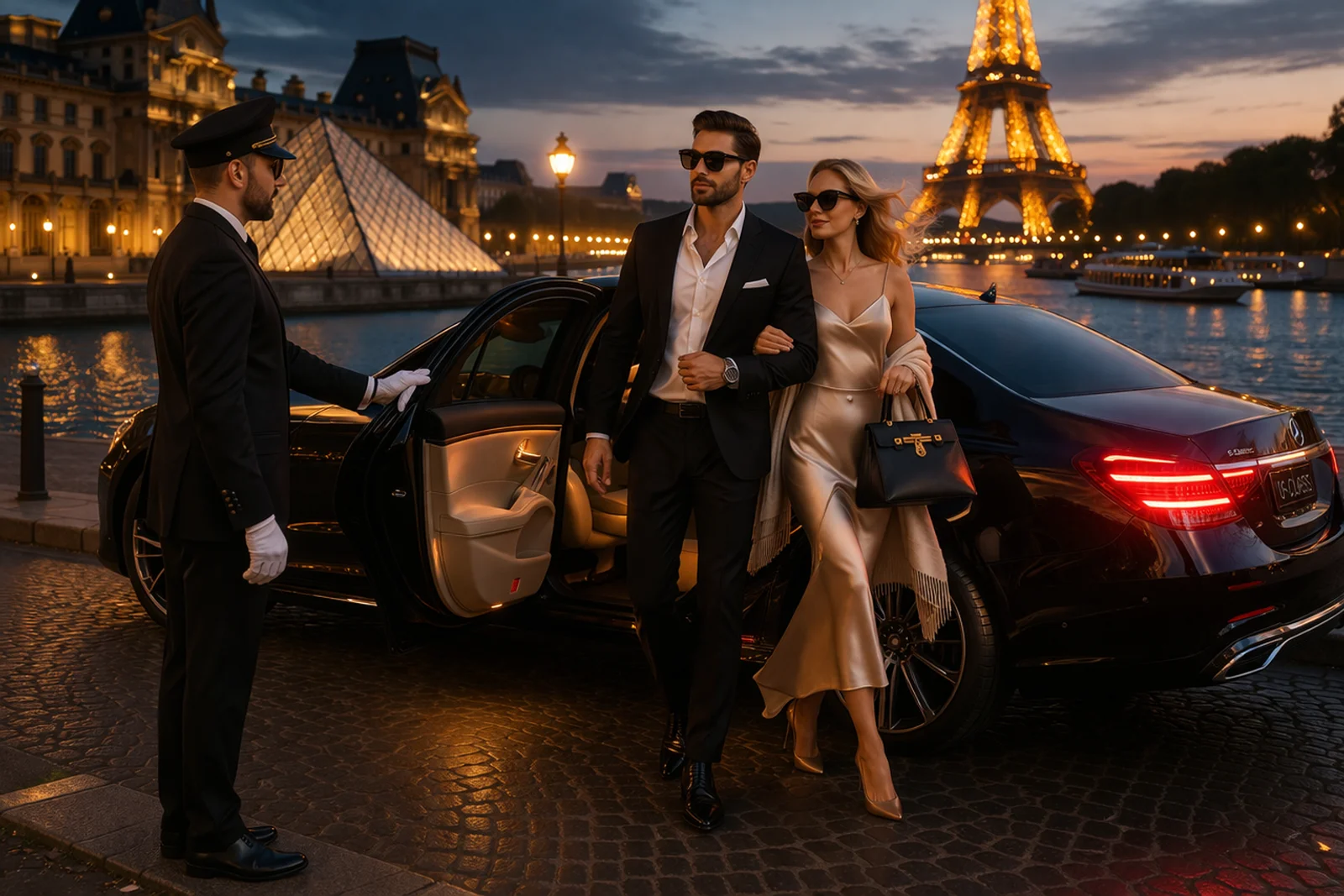 Private chauffeur in Paris with luxury car and VIP client near Eiffel Tower